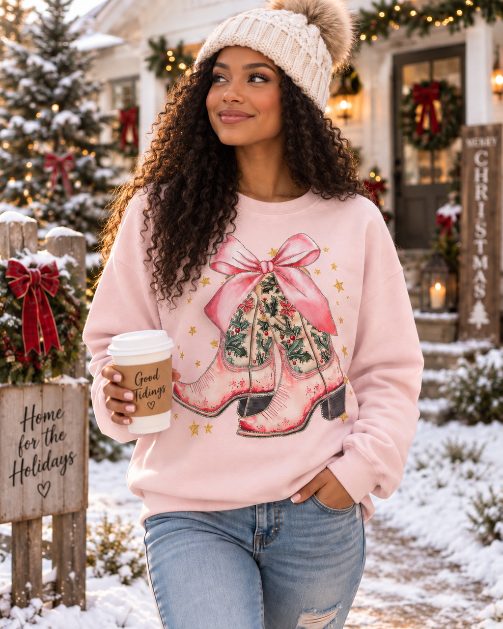 Pink Holiday Boots Rhinestone Sweatshirt 🎀🎄