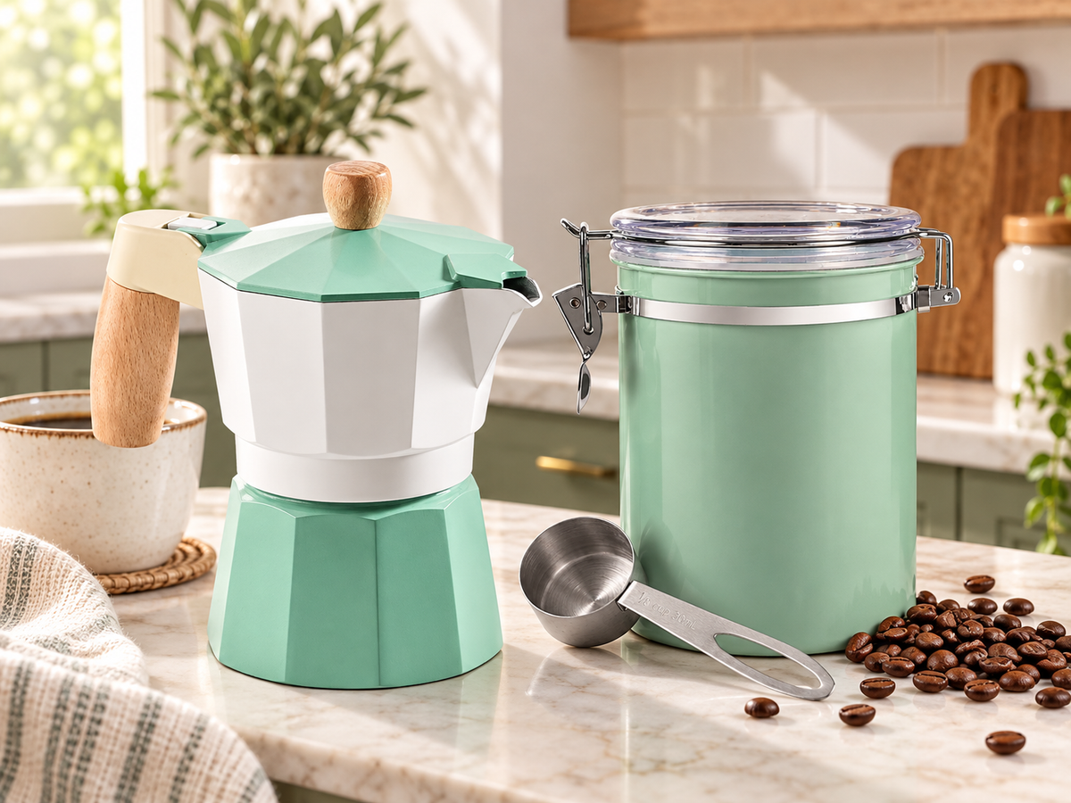 Mint Moka Pot & Coffee Storage Canister Set