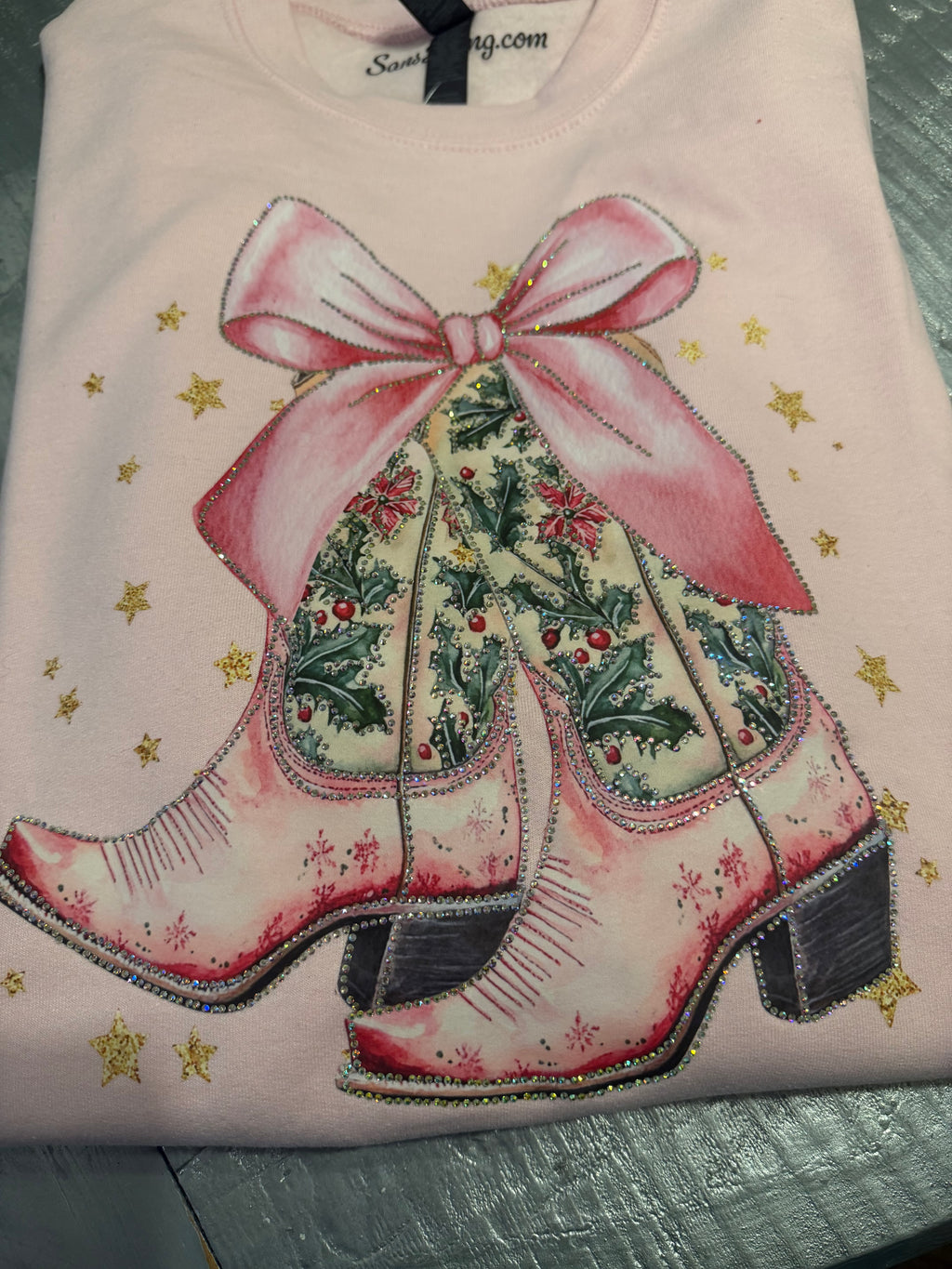 Pink Holiday Boots Rhinestone Sweatshirt 🎀🎄