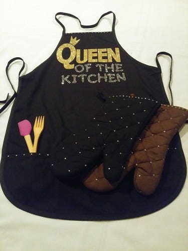 Cooking Apron "Queen of the Kitchen" Rhinestones and Glitter with Adjustable Strap
