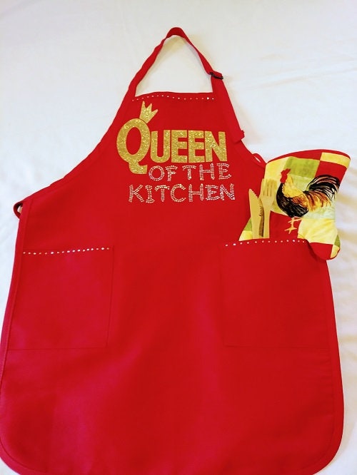 Red "Queen of the Kitchen" Apron: Gold Glitter & Rhinestone Accent