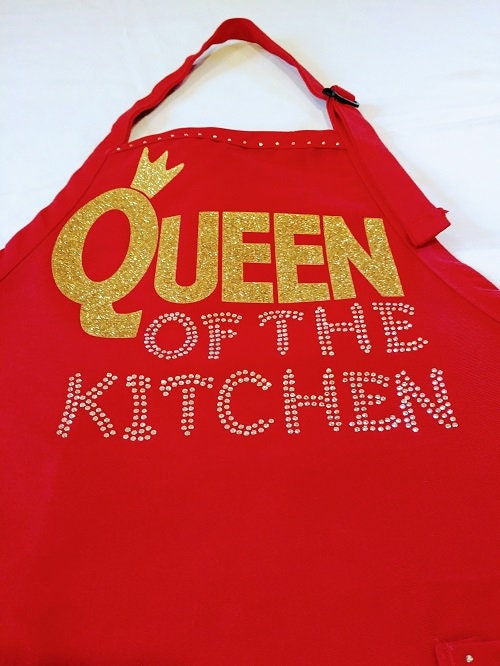 Red "Queen of the Kitchen" Apron: Gold Glitter & Rhinestone Accent