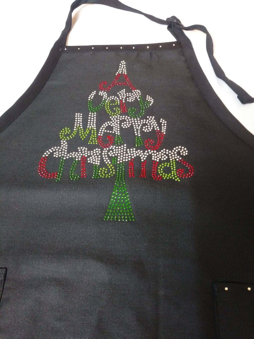Holiday Apron "Very Merry Christmas" in clear, red and greens rhinestones