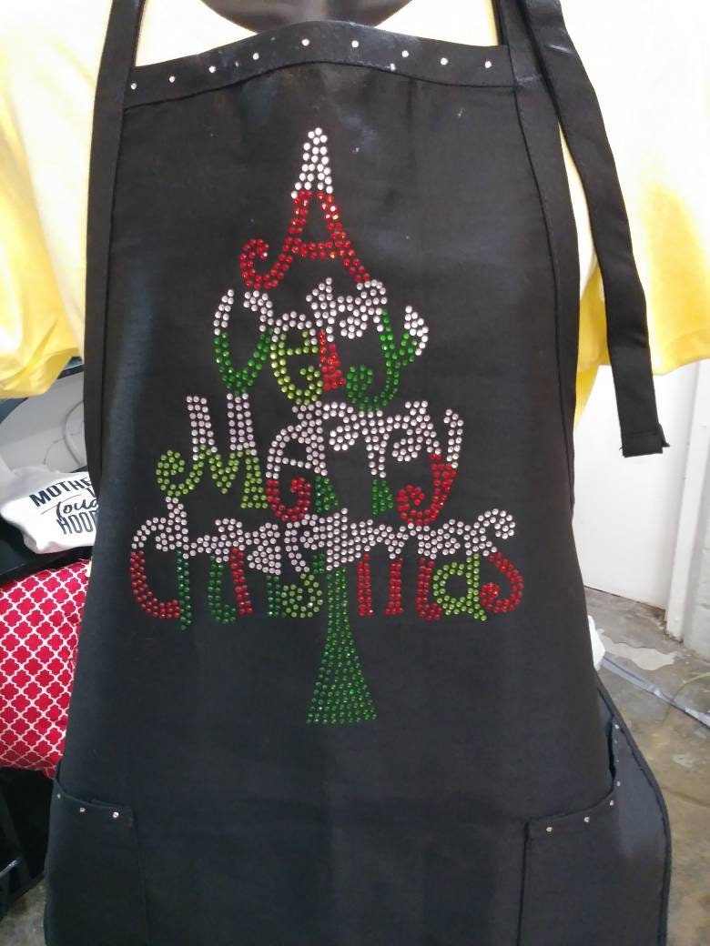 Holiday Apron "Very Merry Christmas" in clear, red and greens rhinestones