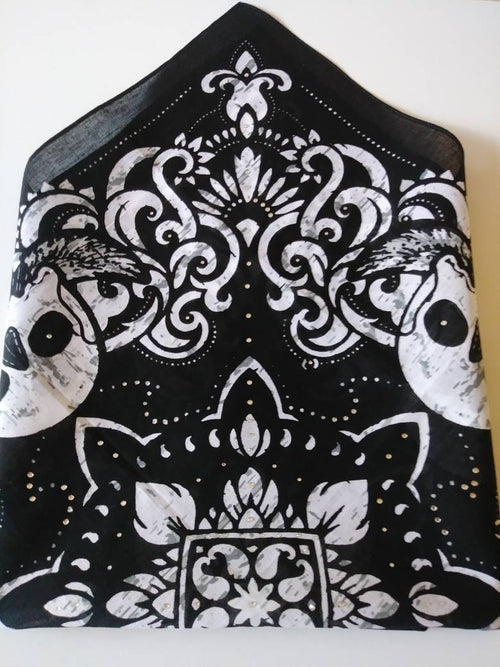 Black & White Skull Rhinestone Bandana Biker Style Headgear Workout Head Wrap