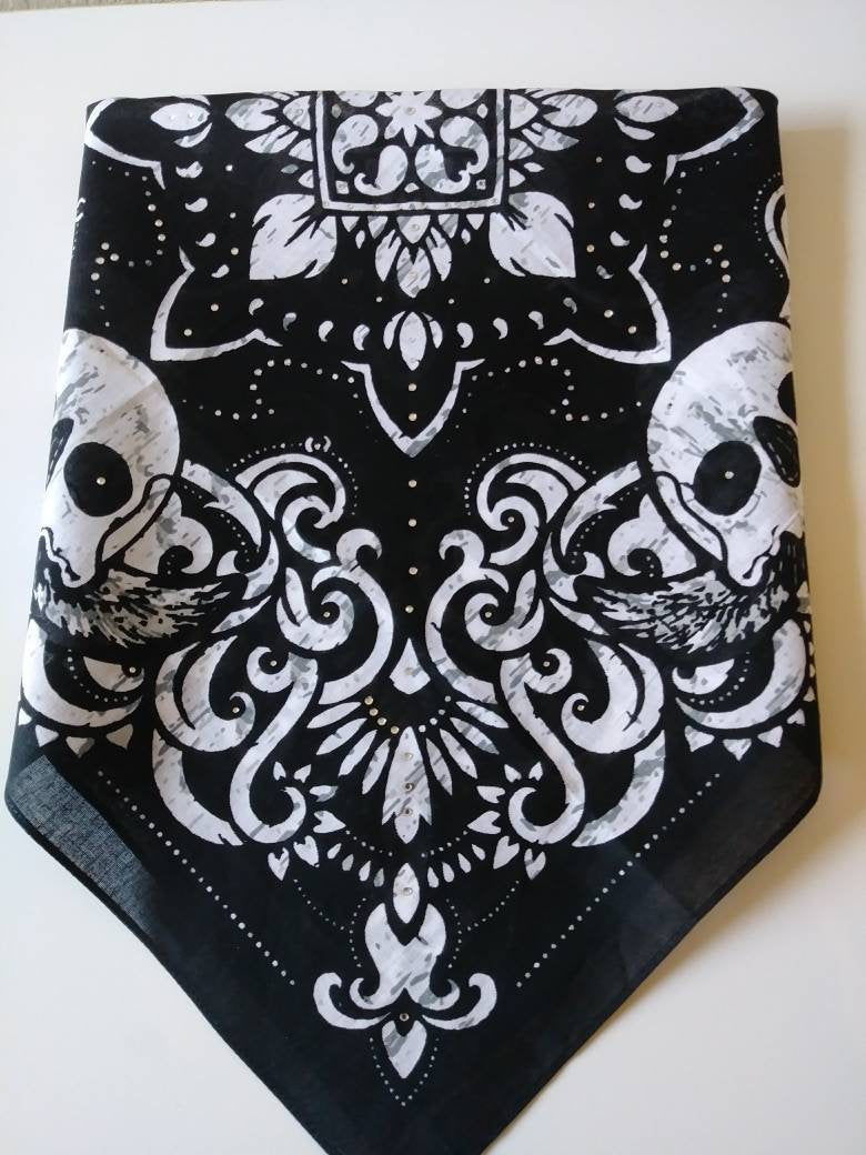 Black & White Skull Rhinestone Bandana Biker Style Headgear Workout Head Wrap