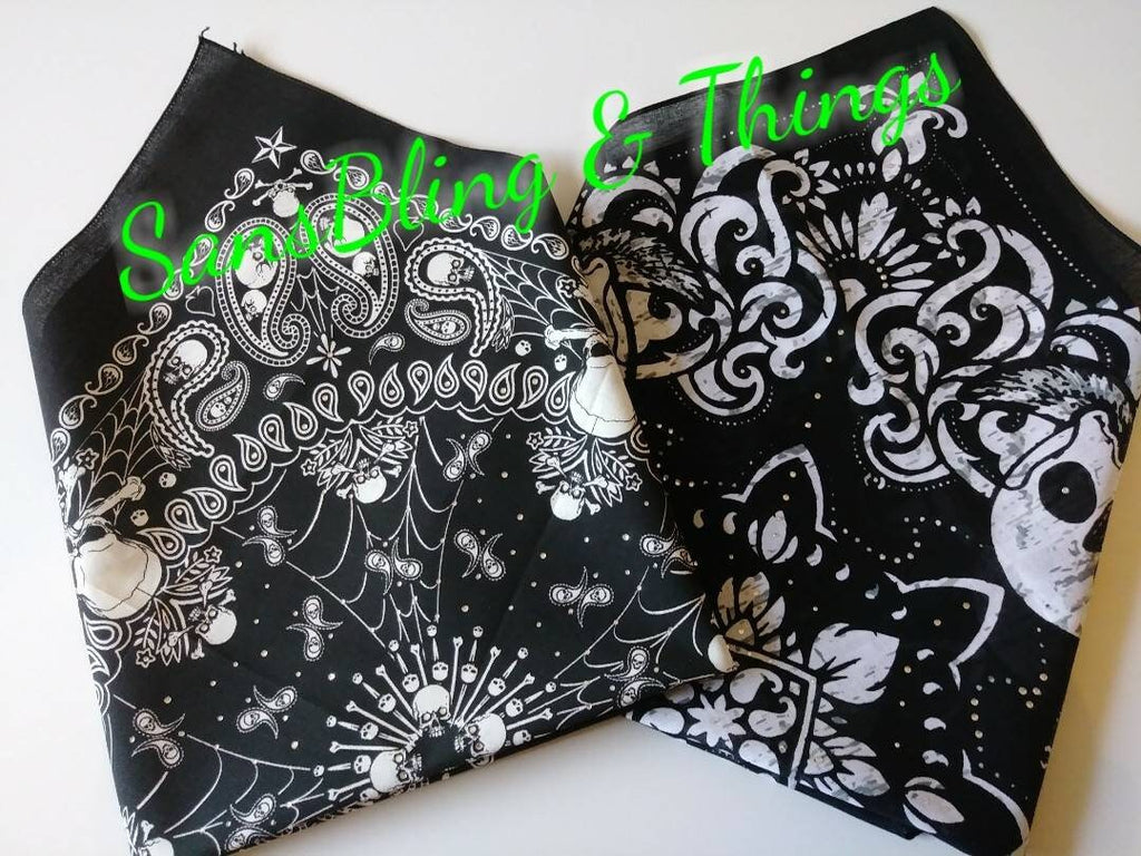 Black & White Skull Rhinestone Bandana Biker Style Headgear Workout Head Wrap