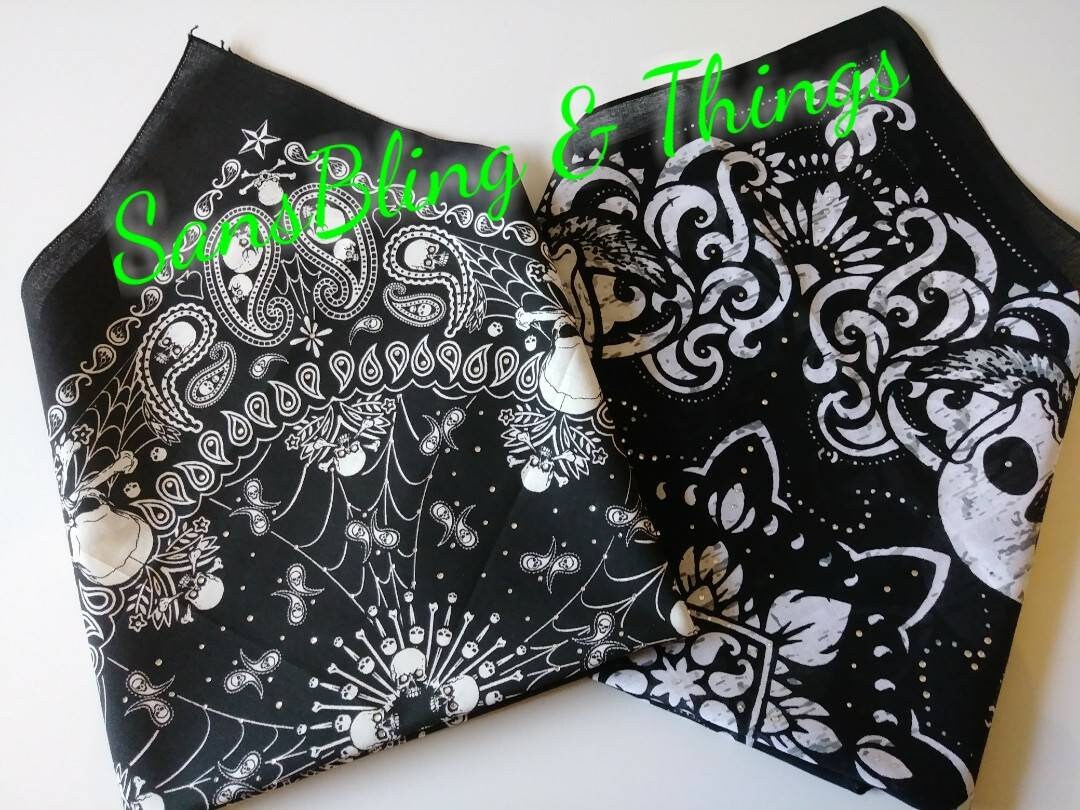 Black & White Skull Rhinestone Bandana Biker Style Headgear Workout Head Wrap