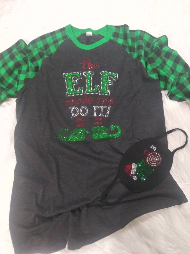 Rhinestone Christmas Womens Gift Baseball Tshirt  "Elf Made Me Do It"