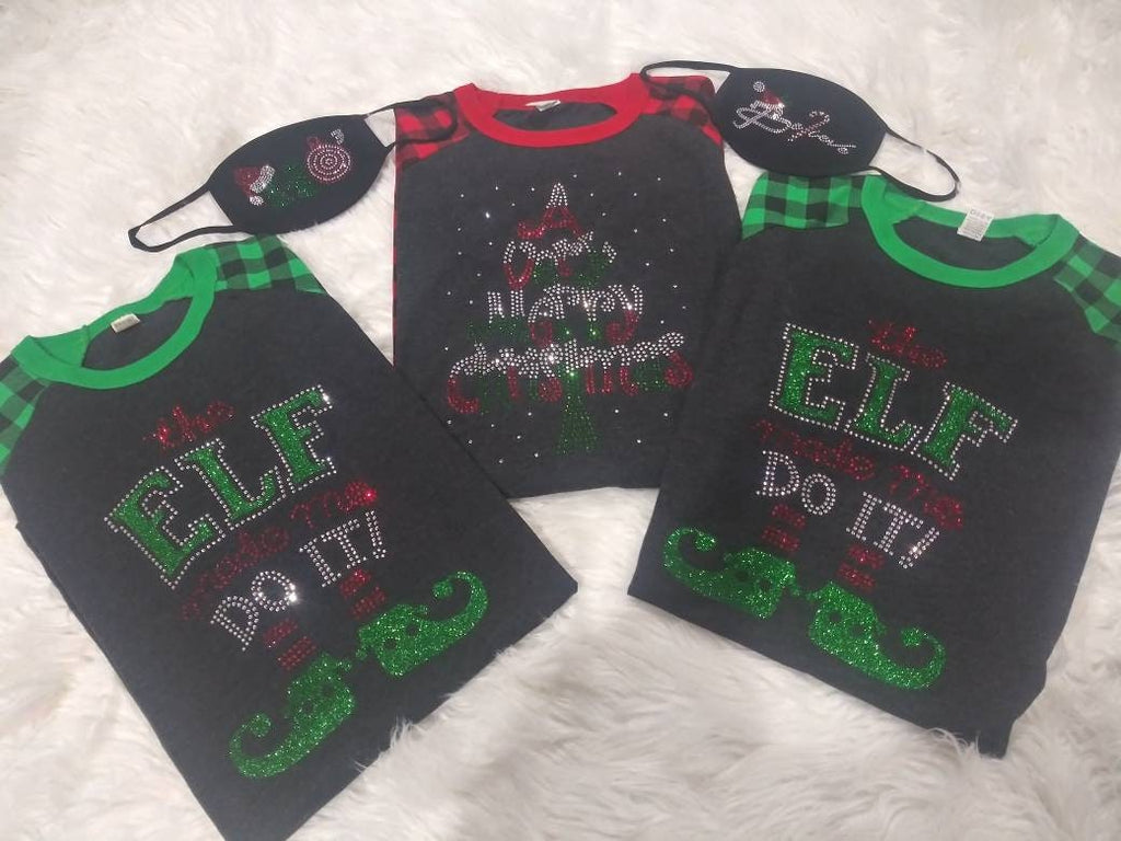 Rhinestone Christmas Womens Gift Baseball Tshirt  "Elf Made Me Do It"