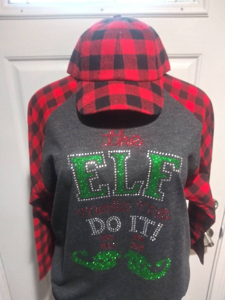 Rhinestone Christmas Womens Gift Baseball Tshirt  "Elf Made Me Do It"