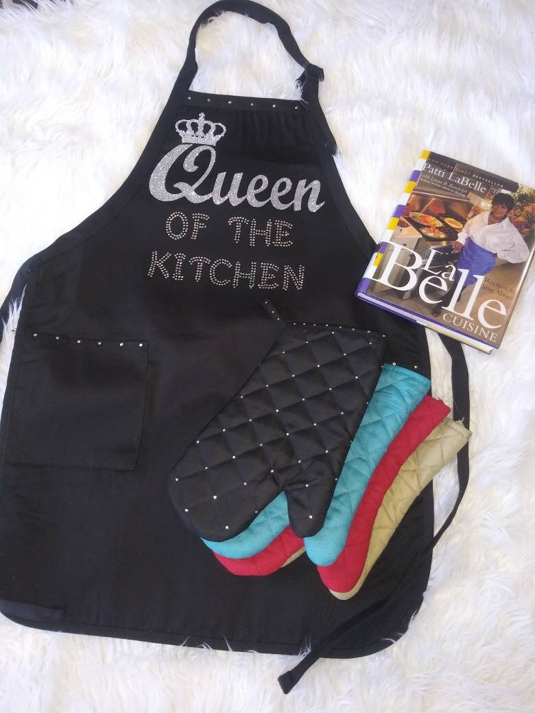 Queen of the Kitchen Rhinestone and Glitter Apron w/Adjustable Neck Strap