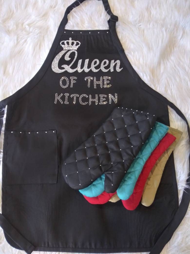 Queen of the Kitchen Rhinestone and Glitter Apron w/Adjustable Neck Strap