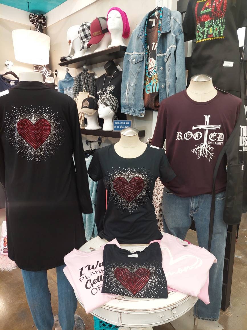 Rhineston Heart Blast Design BBall Tee, Crew Neck T-shirt