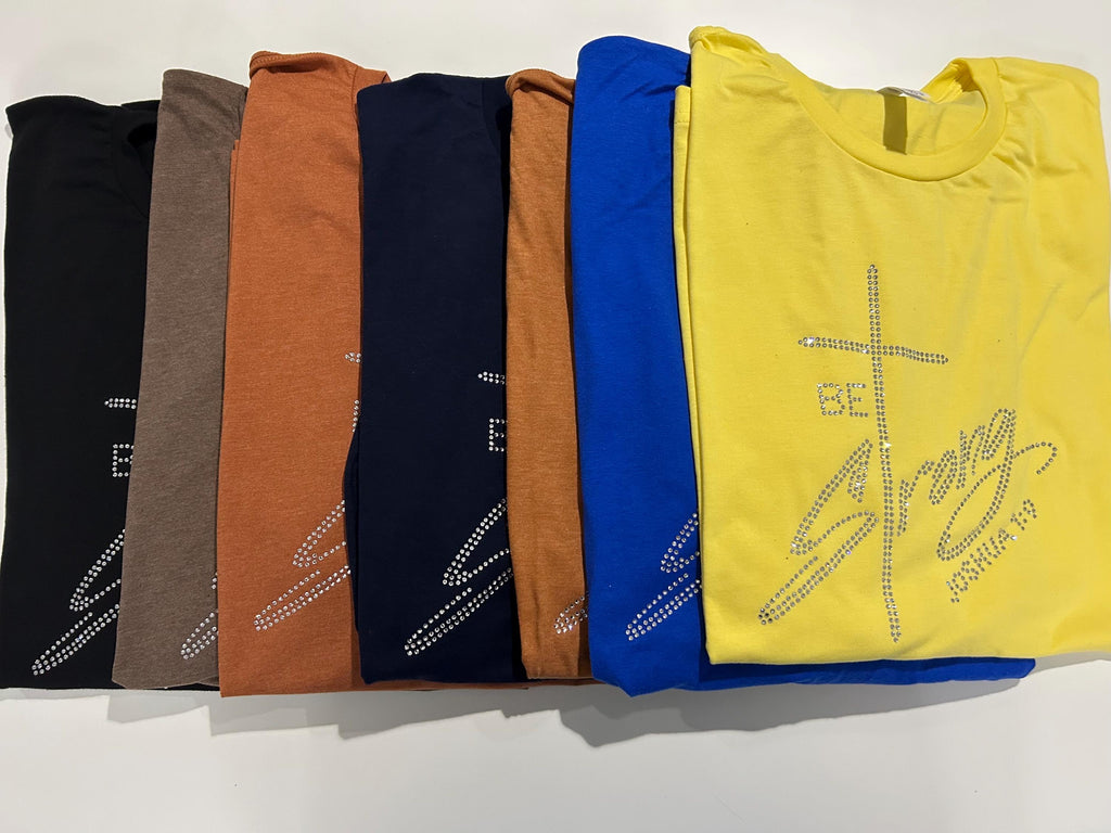 Rhinestone Christian Tee: "Be Strong" Crew Neck