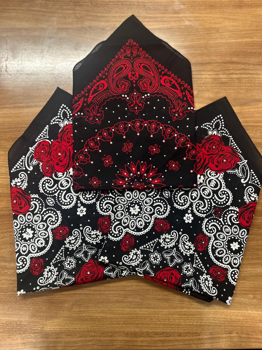 Red and Black Rhinestone Bandana: Cotton Head Wrap