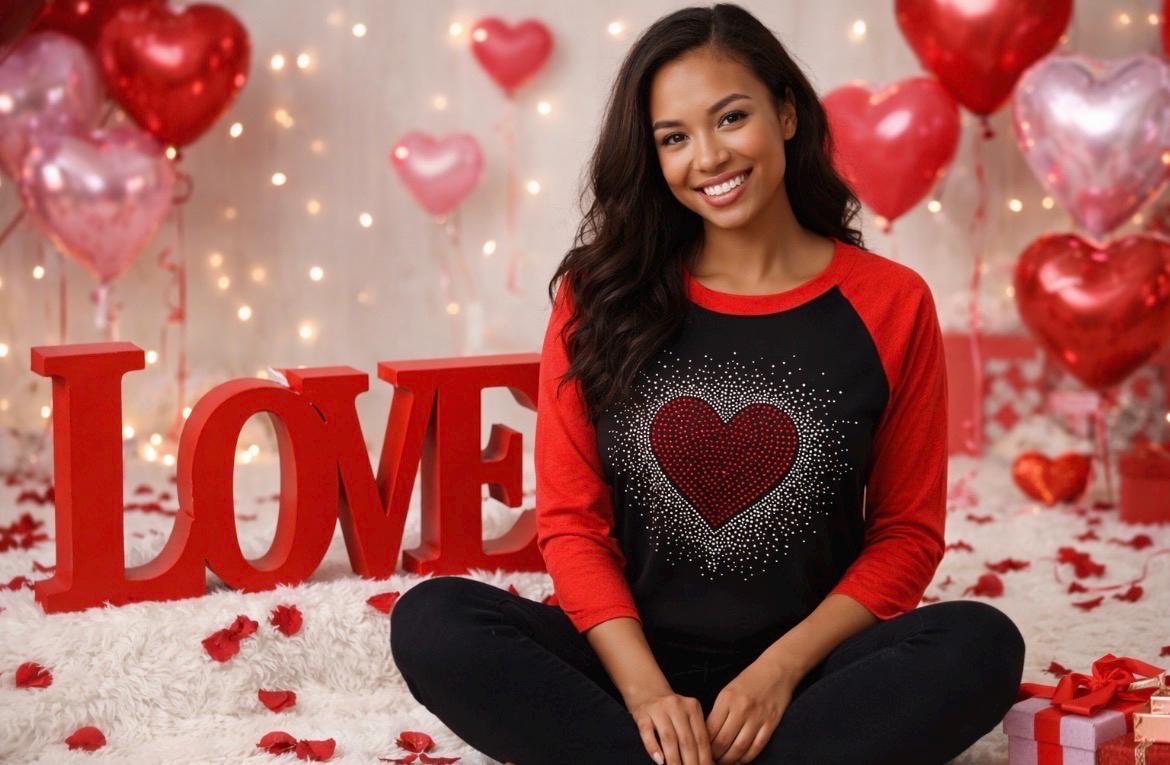 Rhineston Heart Blast Design BBall Tee, Crew Neck T-shirt